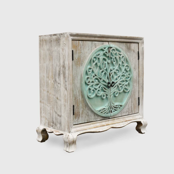 meble drewniane rzeźbiona komoda 90cm mango fronty drzewo życia w okręgu farba shabby chic na wprost