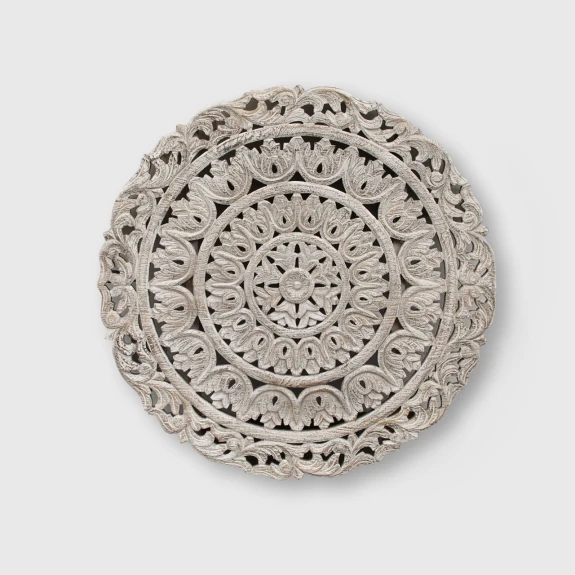 panel indyjski rzeźbiona okrągła mandala 90cm piaskowane lite drewno mango bielone woskiem na wprost