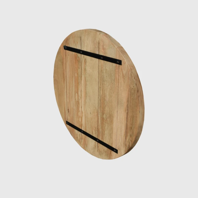blat drewniany okrągły 70 cm widoczne stalowe zabezpieczenia przed wyginaniem desek z drewna mango