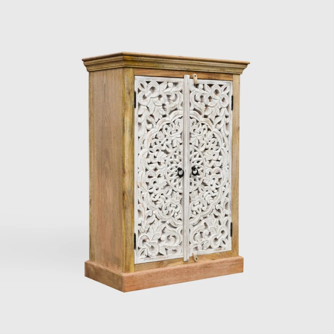 komoda indyjska dwudrzwiowa rzeźbiony front rozeta mandala biała farba shabby chic naturalne mango skos