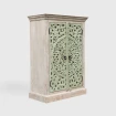 komoda indyjska dwudrzwiowa rzeźbiony front rozeta mandala zielona farba shabby chic bielone mango skos