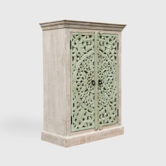 komoda indyjska dwudrzwiowa rzeźbiony front rozeta mandala zielona farba shabby chic bielone mango skos