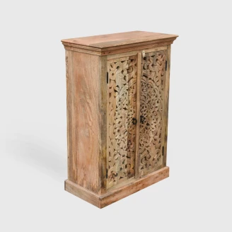 meble indyjskie komoda rzeźbiona 115cm z drewna mango naturalna obudowa i rzeźbione drzwi z rozetą skos z góry