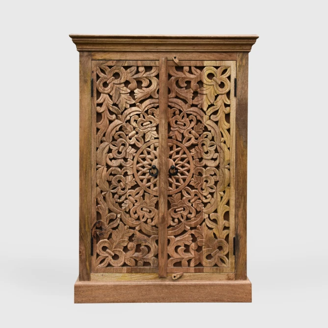 komoda rzeźbiona mandala 80x45x115 cm na wprost rzemieślnicze meble orientalne wykończenie lakierem orzechowym