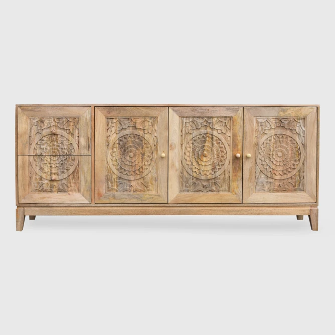 meble indyjskie komoda drewniana rtv 180x35x75 cm na wprost naturalne mango cztery rzeźbione panele