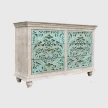 komoda drewniana mango 6 szuflad piaskowany bielony korpus zielone fronty shabby chic skos od dołu