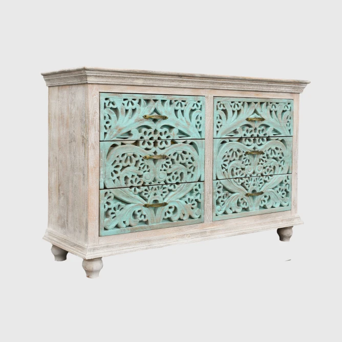 komoda drewniana mango 6 szuflad piaskowany bielony korpus zielone fronty shabby chic skos od dołu