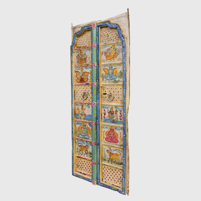 stary panel dekoracyjny ścienny z drzwi tekowych indian summer wielobarwne malowidła skos z prawej strony