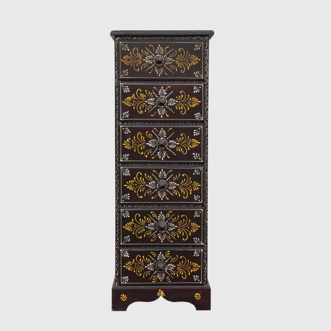szafka ręcznie malowana 6 szuflad 35x30x94 cm na wprost ciemnobrązowa czekoladowo złota komoda orientalna