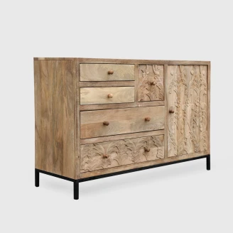 komoda drewniana 120x40x76 cm asymetryczny front 4 szuflady i szafki styl boho skandynawski skos od przodu