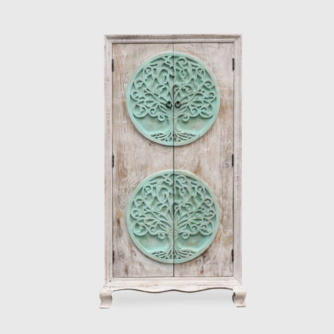 szafa rzeźbiona natural tree 90x45x180 cm na wprost zamknięte biało-zielone drzwi z motywem drzewa bez szuflad