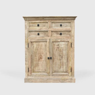 komoda drewniana milford 100x45x120 cm na wprost zamknięte drzwi szafki i 4 szuflady rustykalne czarne uchwyty