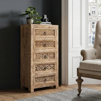 Meble Drewniane | Komoda Orientalna Shanti Mango Patynowana 5 Szuflad