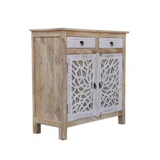 komoda indyjska mango z lustrem biała przecierana shabby chic rzeźbione geometryczne drzwi skos z lewej