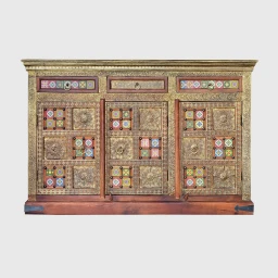 Meble Orientalne | Komoda Złota z Kafelkami Madera Drewno Mosiądz 150 cm