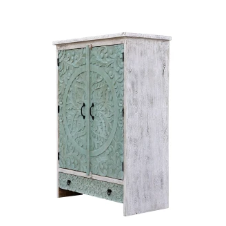 meble orientalne szafa indyjska mango turkusowa przecierana farba widoczna 1 szuflada na dole skos z prawej