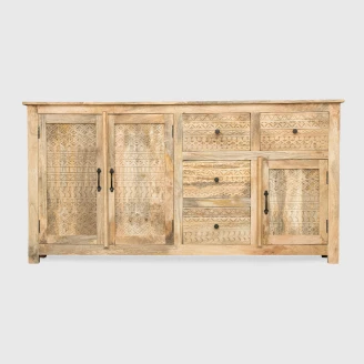 komoda drewniana monsoon 175x42x90 cm na wprost naturalny kolor drewna mango rzeźbione fronty 4 szuflady