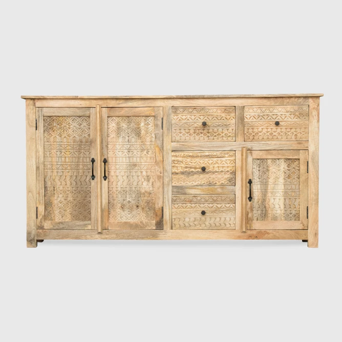 komoda drewniana monsoon 175x42x90 cm na wprost naturalny kolor drewna mango rzeźbione fronty 4 szuflady