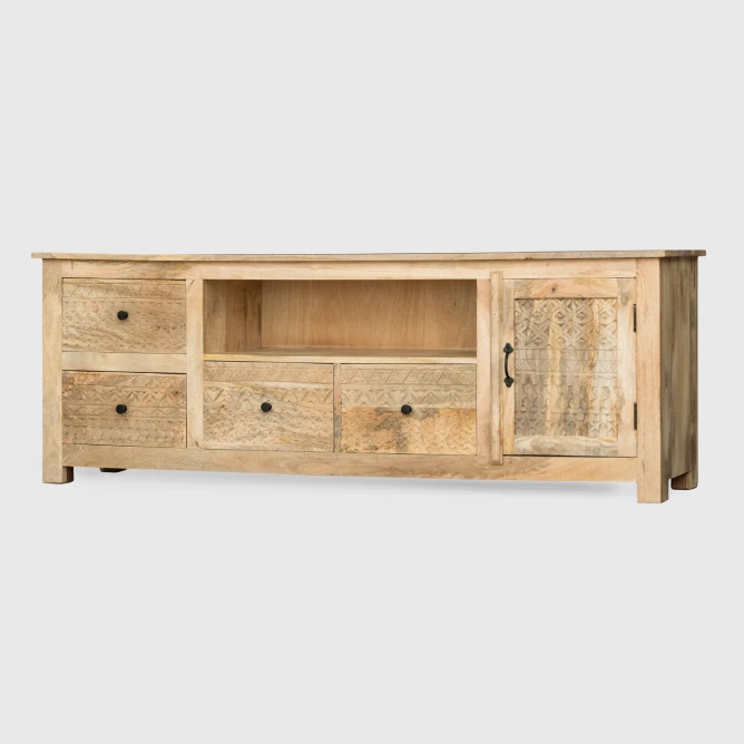 komoda pod telewizor w stylu boho monsoon rzut na całą szerokość mebla 175 cm naturalny kolor lakierowany