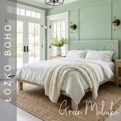 Drewniane Łóżko Boho Green Malaika 160x200 Rzeźbione Mango