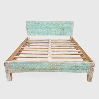 Drewniane Łóżko Boho Green Malaika 160x200 Rzeźbione Mango