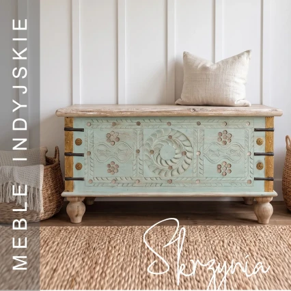 Meble Indyjskie | Skrzynia Drewniana Rzeźbiona Miętowa 89 cm