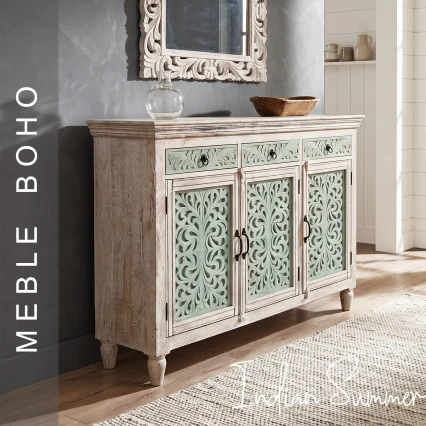 Meble Boho | Komoda Indyjska Drewniana Rzeźbiona Miętowa 150 cm