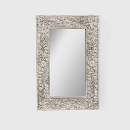 Meble Drewniane | Lustro Indyjskie Rzeźbione Białe 90x60 cm