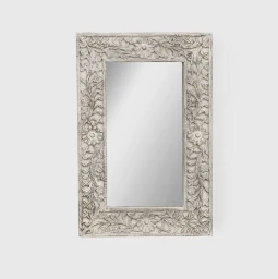 Meble Drewniane | Lustro Indyjskie Rzeźbione Białe 90x60 cm