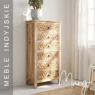 Meble Indyjskie | Komoda Rzeźbiona Słupek z 6 Szufladami Mango 130 cm