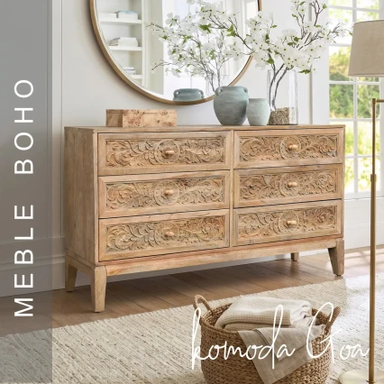 Meble Boho | Komoda Drewniana Goa Mango Naturalna 6 Szuflad 135 cm