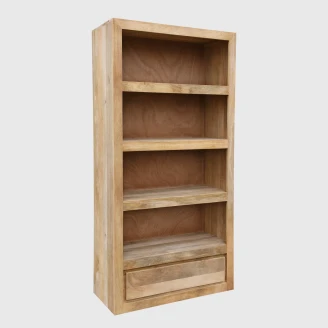 nowoczesna biblioteczka z szuflada z drewna mango widok pod katem meble drewniane