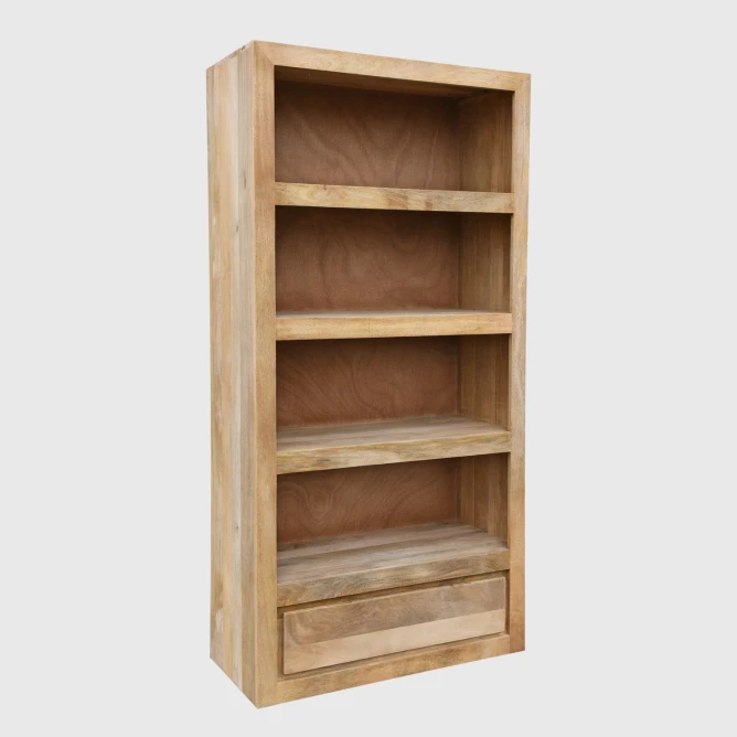 nowoczesna biblioteczka z szuflada z drewna mango widok pod katem meble drewniane