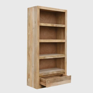 drewniana nowoczesna biblioteczka z uchylona szuflada meble drewniane