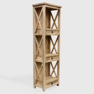 meble rustykalne mała biblioteczka drewniana cross 180 cm z litego mango naturalna woskowana z trzema szufladami profil ze skosu z prawej strony