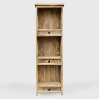 wąska biblioteczka rustykalna cross z mango 180 cm trzy otwarte półki i trzy zamknięte szuflady rzut od przodu na wprost