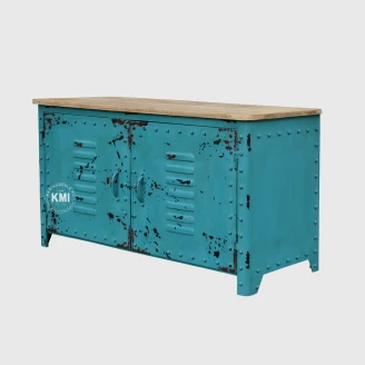 niebieska komoda industrialna Scrapyard z metalu i blatem mango 107 cm