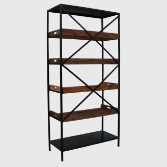 metalowa biblioteczka ze starym drewnem teak widok pod kątem