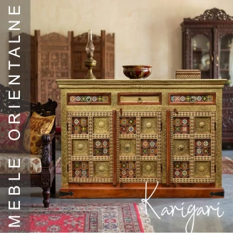 Meble Orientalne | Komoda Złota z Kafelkami Karigari Drewno Mosiądz 150 cm