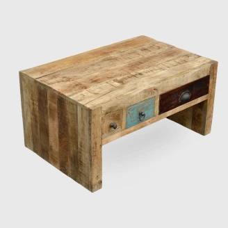 drewniany stolik kawowy vintage 90 cm rzut ze skosu wielotonowe drewno i 3 różnorodne szuflady