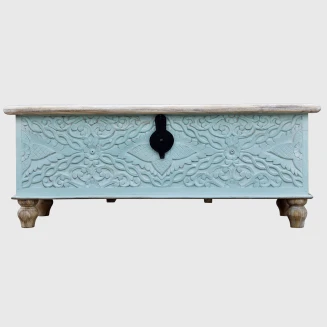 Rzeźbiona Skrzynia Indyjska z Drewna Mango Turkusowo-Biała 117 cm