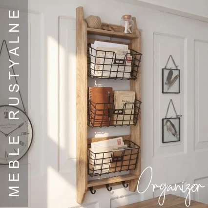 Drewniany Organizer Ścienny Postarzany z Koszykami Mango 97 cm