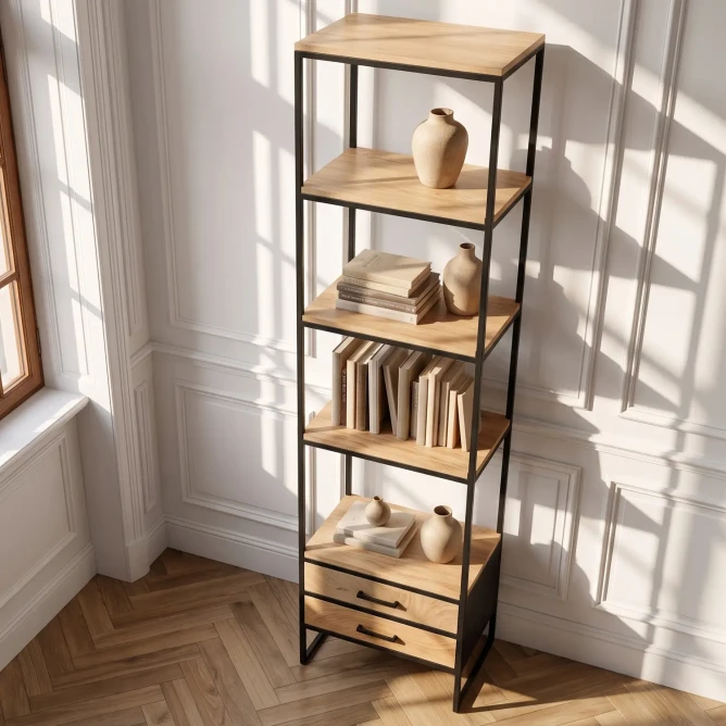 biblioteczka loftowa milo mango metal 60cm widok z góry pod kątem drewniane półki i szuflady
