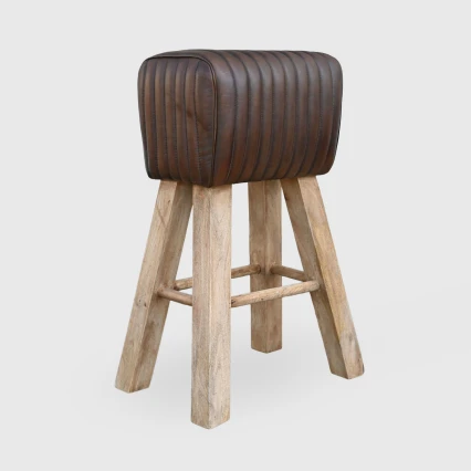 Hoker Drewniany Kozioł Skóra Naturalna Loft 75 cm
