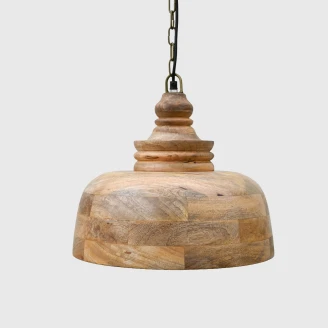lampa sufitowa drewniana z drewna mango z czarnym lancuchem widok z przodu