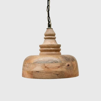 lampa drewniana sufitowa z mango z toczonym detalem widok na wprost