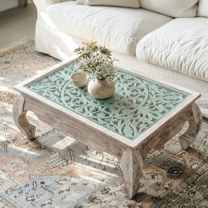 mietowy stolik kawowy opium w jasnym salonie boho z biala sofa