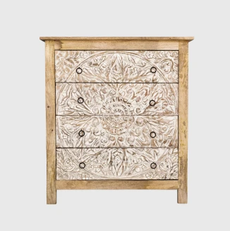 Komoda Indyjska Rzeźbiona Mandala 82cm Mango – Białe Fronty
