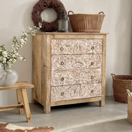 Komoda Indyjska Rzeźbiona Mandala 82cm Mango – Białe Fronty