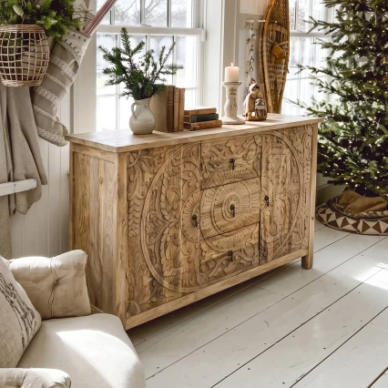Drewniana Komoda Indyjska Rzeźbiona Mandala Naturalna 150cm
